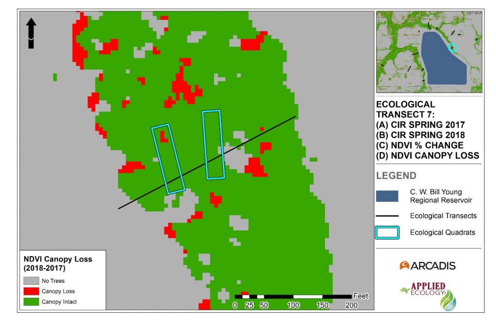 Change detection for Ecological Transect 7 using normalized difference vegetation index (NDVI) from Spring 2017 to Spring 2018 for canopy cover loss.