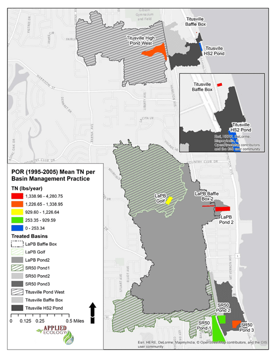 The spatial distribution of the mean annual TN load per BMP within the study area for the POR (1995-2010).