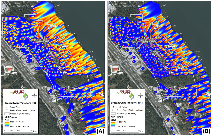 Modeled nutrient transport plumes within the Breeze Swept subdivision for (a) nitrate and (b) ammonium.