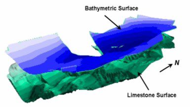 Perspective view from the southeast of the bathymetric surface of Borrow Area 1 along with the limestone surface below. Sand resources of up to 1.12 million yds 3 are bounded by the two surfaces 