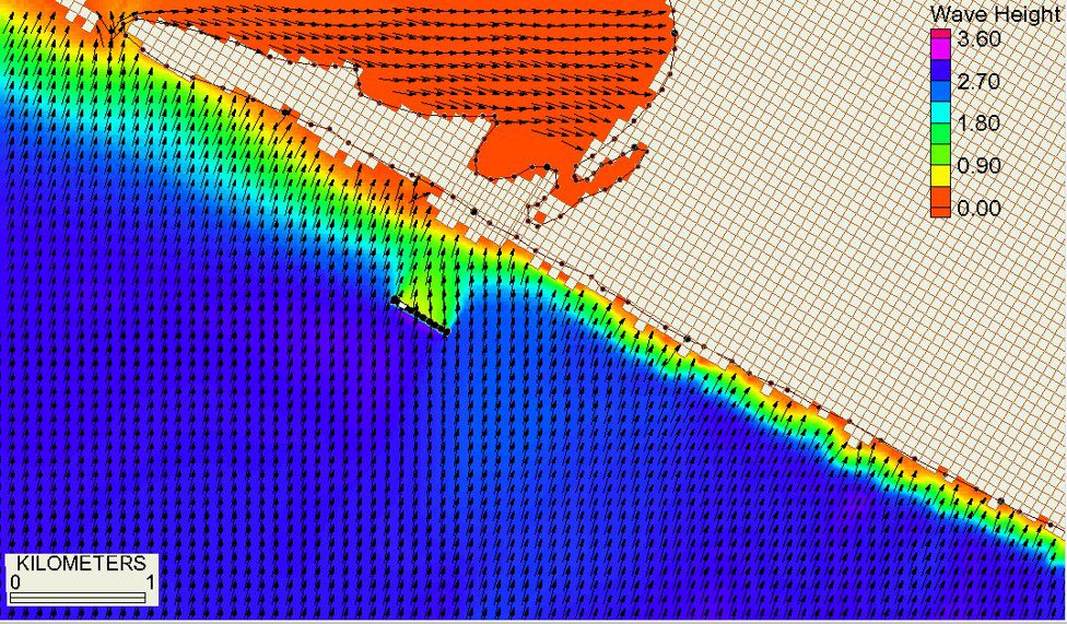 Predicted reduction in wave height across a hypothetical field of Resolve Marine shore protection modules placed in the littoral zone of the southeast Nantucket coast.