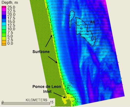 Predicted sand transport patterns during a potion of Hurricane Floyd. Strong sand transport is seen over the crest of the A6 Shoal, in the surfzone and over the ebb shoal of Ponce de Leon Inlet.