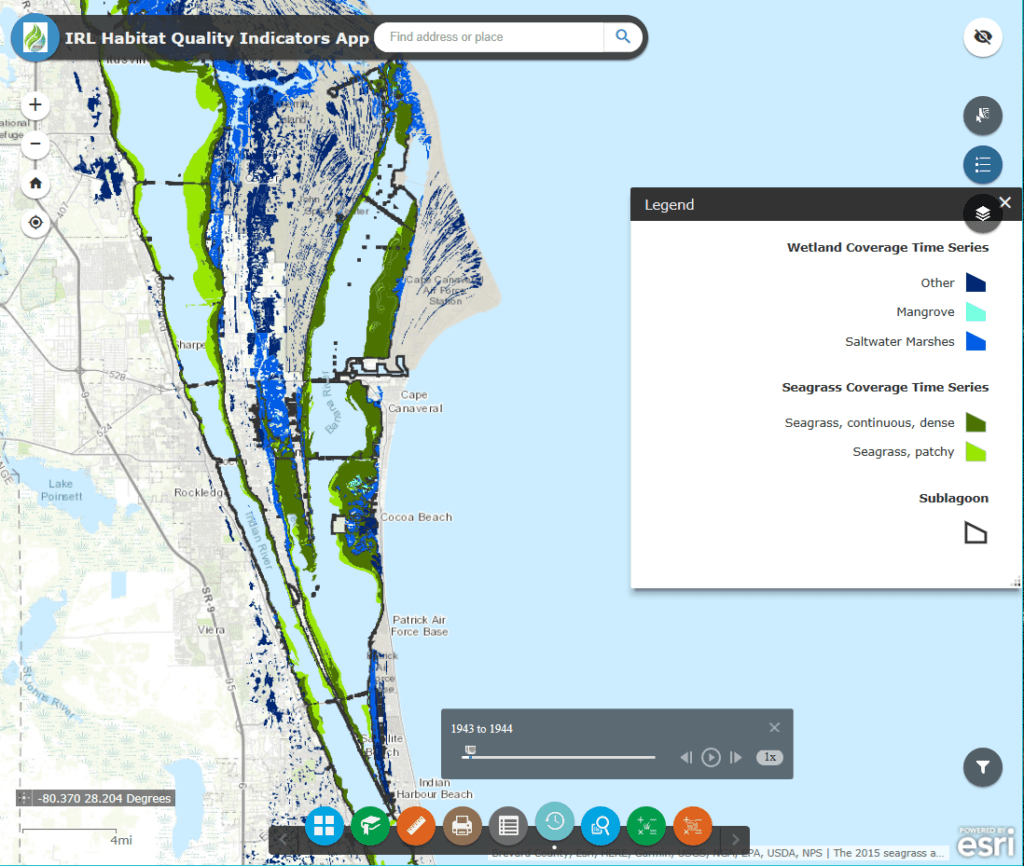 Spatial distribution of seagrass and wetlands within the Indian River Lagoon. The Time Slider widget is displayed at the bottom of the image, which allows you to see changes in seagrass and wetland distribution through time.