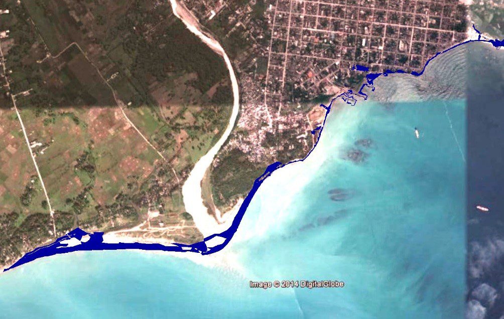 Predicted flooding for Les Cayes under IPCC sea level rise scenario 8.5 in 2100 (+80 cm).