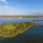 A large body of water with trees and grass on it.