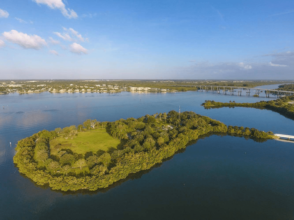 A large body of water with trees and grass on it.