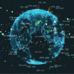 Digital globe with glowing data points.