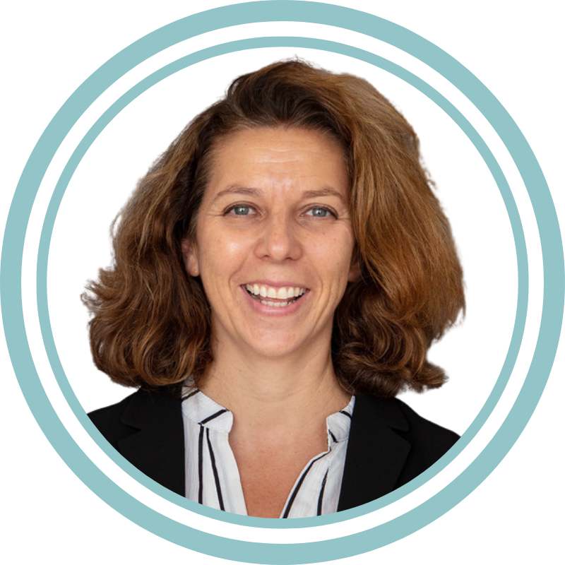 Smiling woman in business attire, circular design.